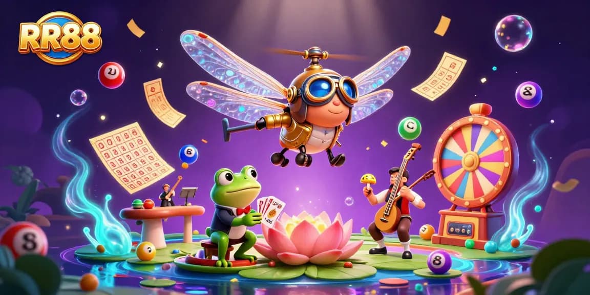 Spin the lottery at RR88’s vibrant casino, showcasing dynamic characters and exciting game elements.