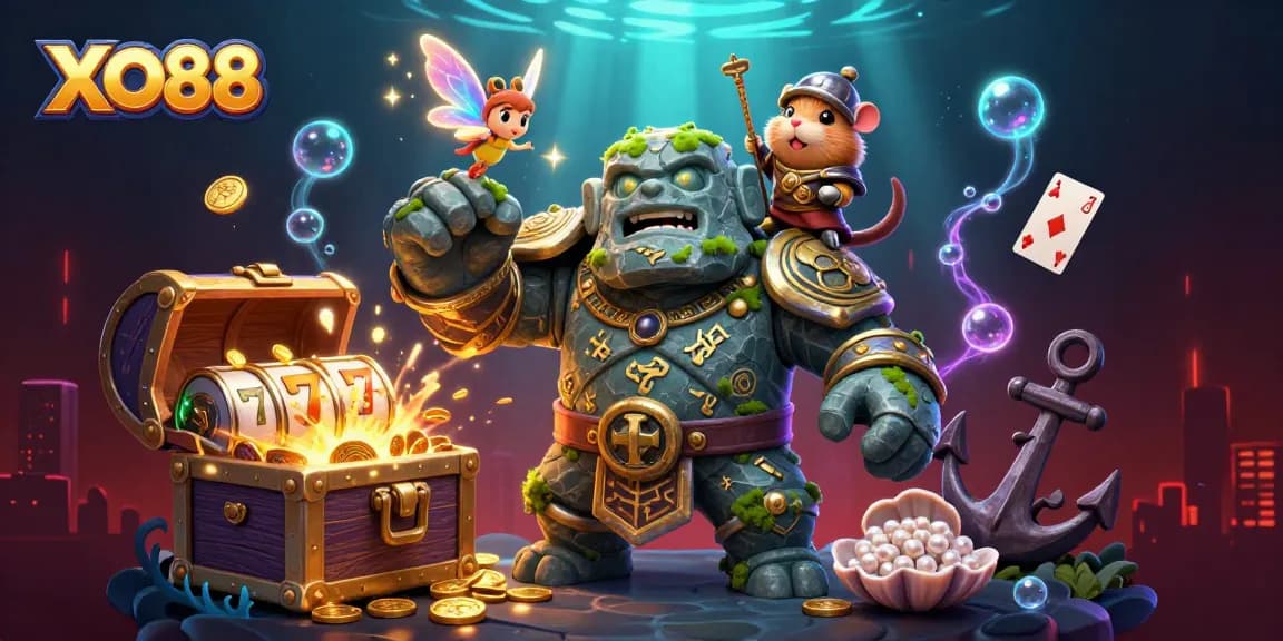 Experience excitement with XO88 as a golem guardian, knight, and fairy explore a vibrant casino world.