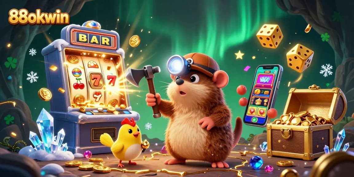 Experience excitement at 88okwin with a lively 3D illustration featuring jackpot wins and casino adventures