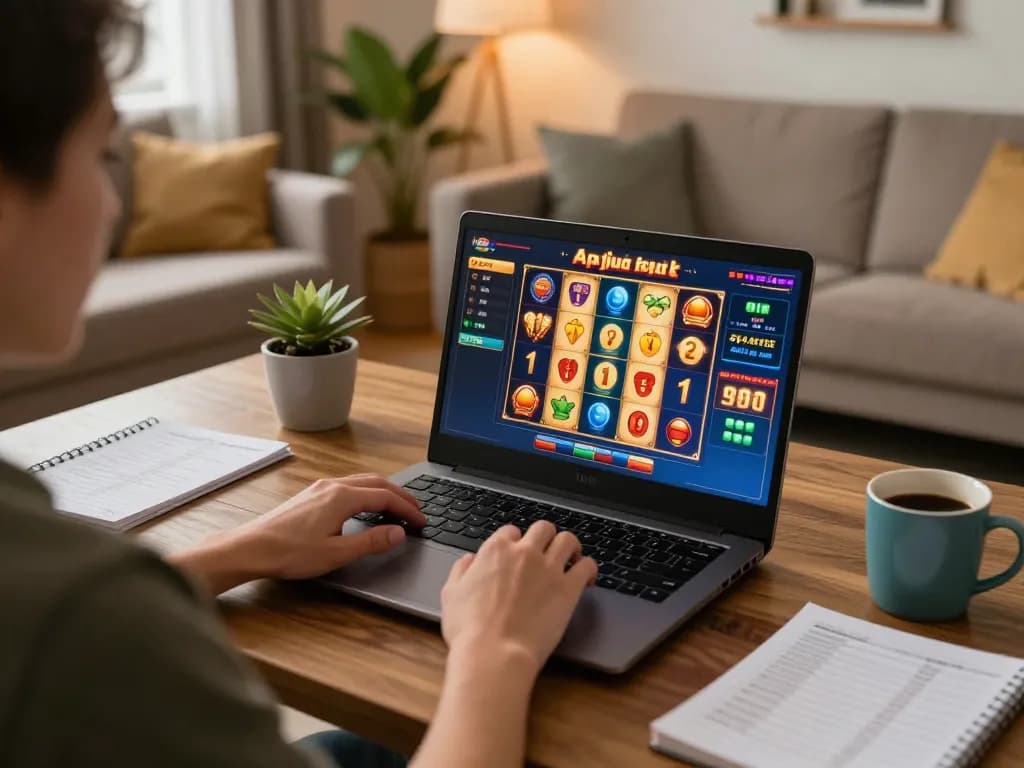 Pemain menikmati permainan raja slot di laptop di rumah, dengan catatan strategi dan pencahayaan hangat