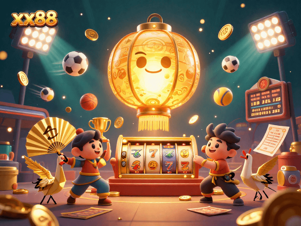 Experiencexx88's vibrant casino scene with golden lantern, lucky symbols, and dynamic slot reels.