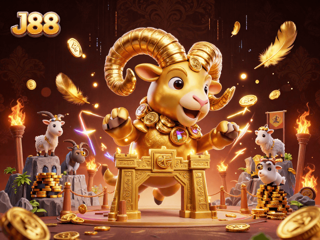 Engage with J88's golden ram and festive casino elements in a dynamic, illustrated showdown.