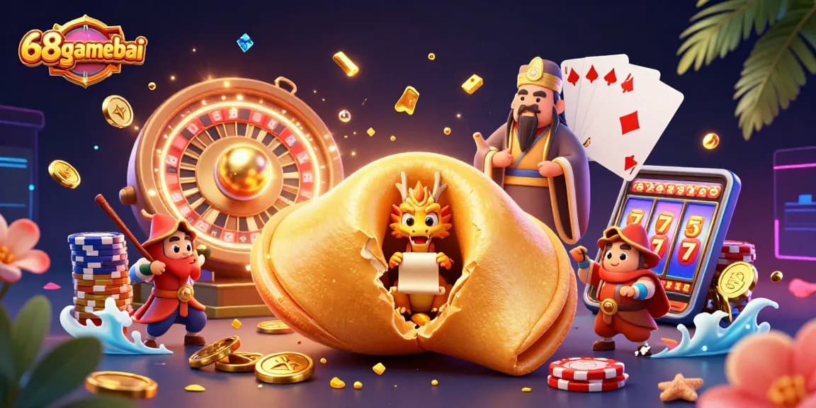 Experience the excitement at 68gamebai with a dynamic casino scene featuring gold coins, cards, and characters.