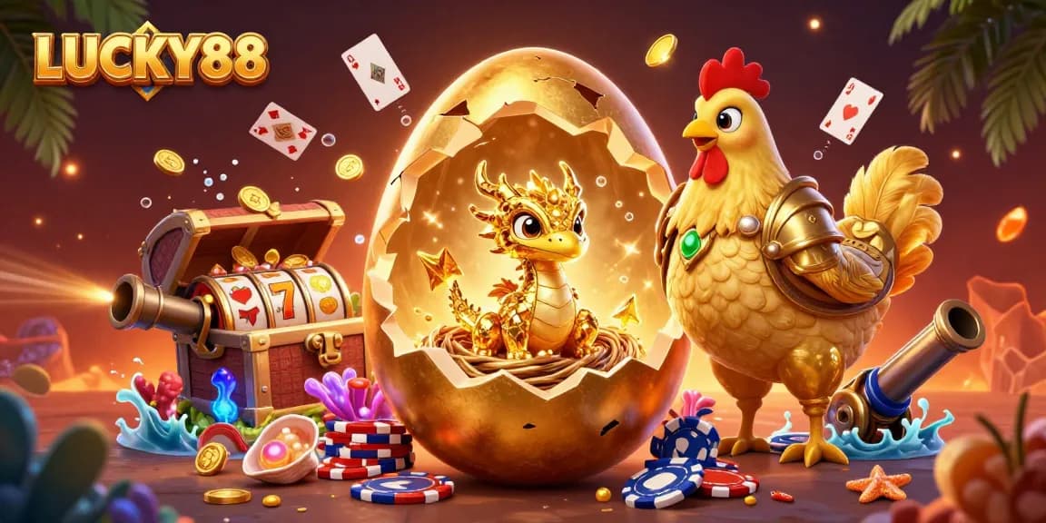Spin the LUCKY88 slots with a golden dragon and colorful casino treasures.