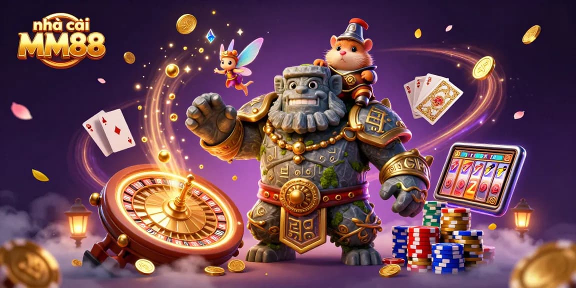 Play and win with nhà cái MM88 in this vibrant 3D illustration showcasing casino excitement and magic.