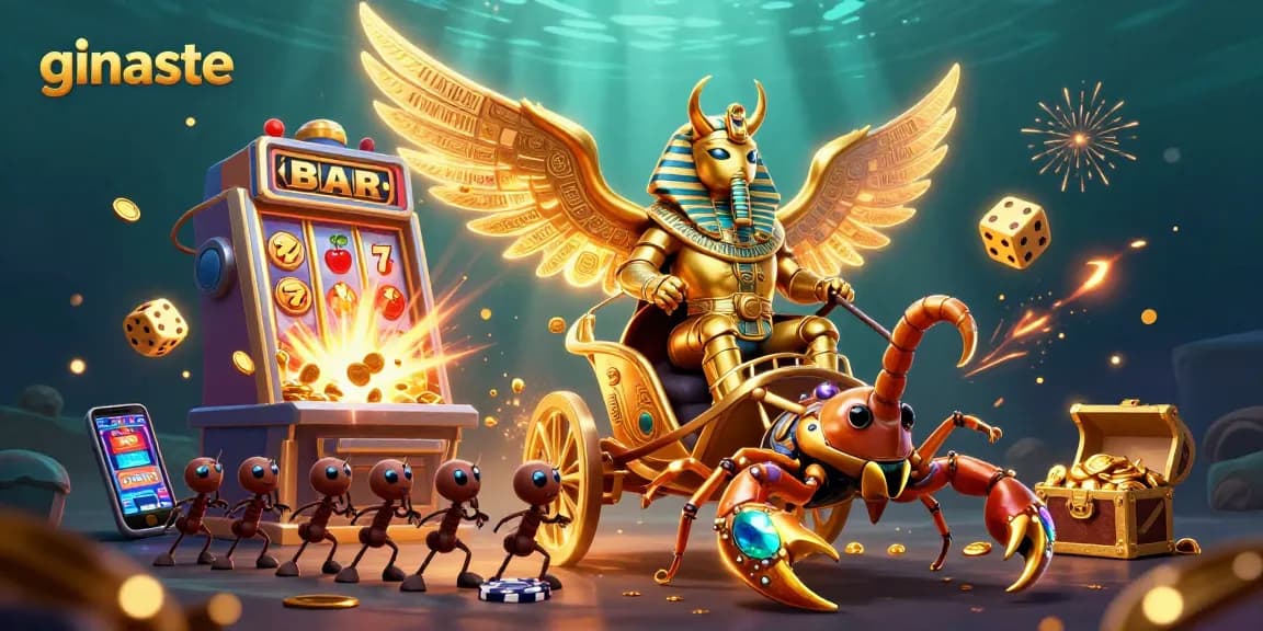 Experience ginaste's gaming excitement with a dynamic 3D scene showcasing casino elements and characters.