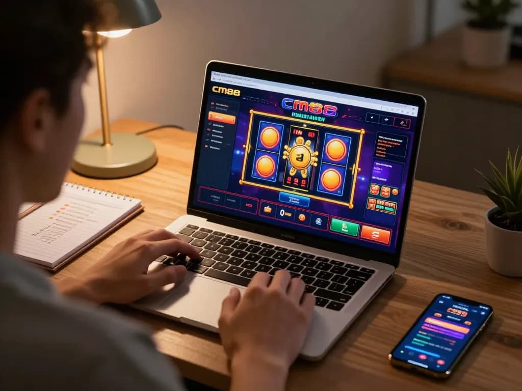 Engaging in cm88 online gaming with vibrant interface on laptop in a cozy workspace.