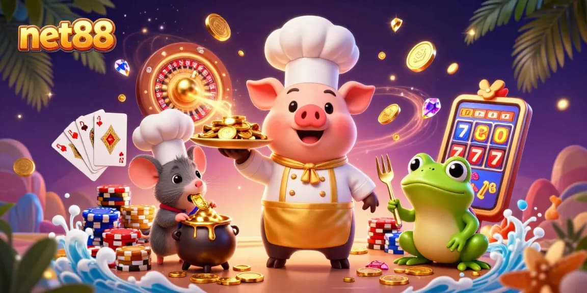 Experience net88's vibrant casino scene with 3D characters enjoying the thrill of winning games.