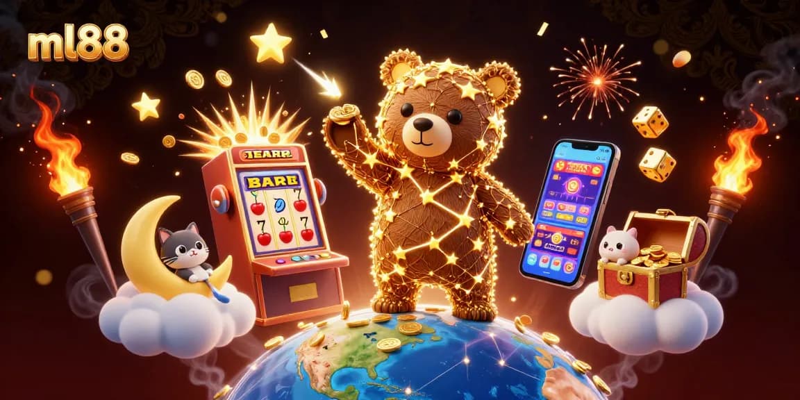 Experience thrilling jackpots with ml88 as constellation bear collects coins amidst vibrant casino elements.