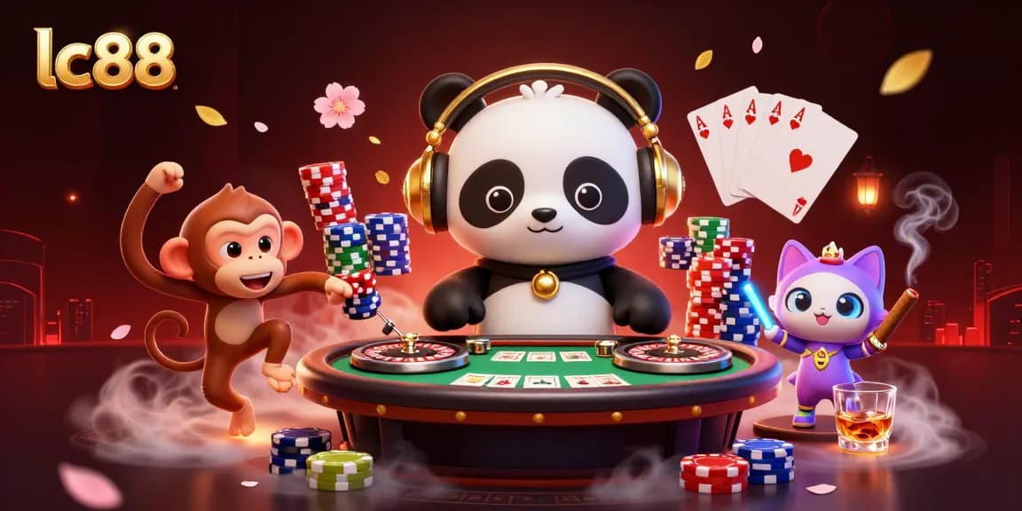 Experience the excitement of lc88 casino with a vibrant 3D illustration featuring playful characters and poker elements.