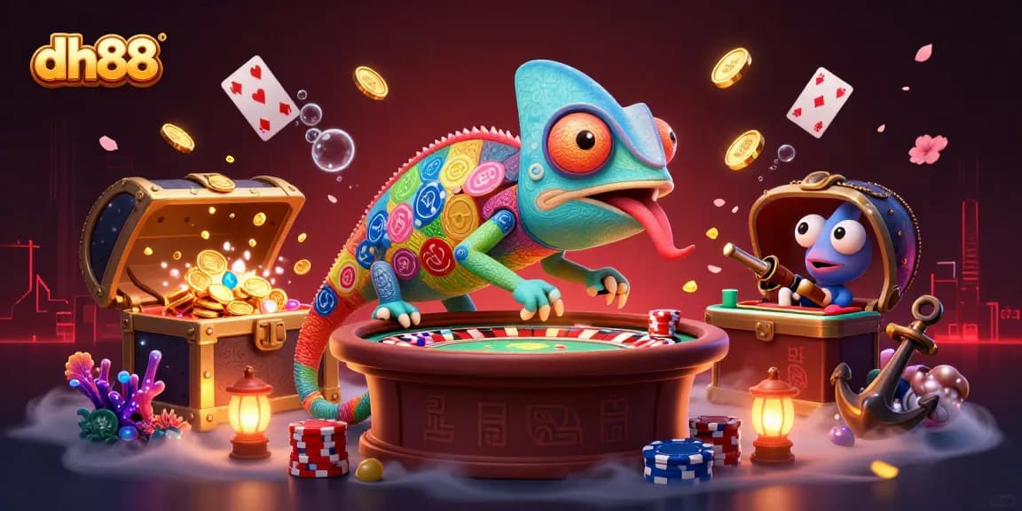 dh88 chameleon casino owner surrounded by treasure and playing cards