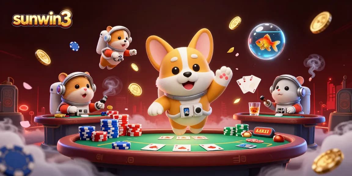 Experience thrilling action in sunwin3 with a vibrant casino scene featuring a corgi, hamster, and fish in zero gravity.