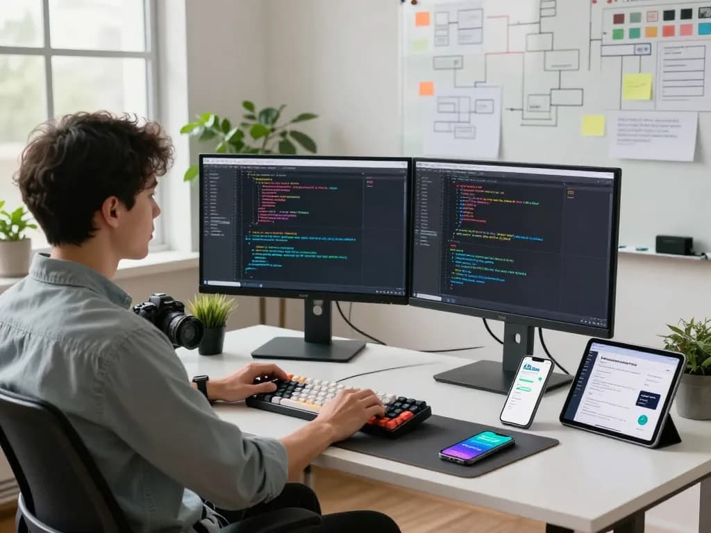 Developer using Clawdbot in a modern tech workspace with coding screens and collaboration tools.