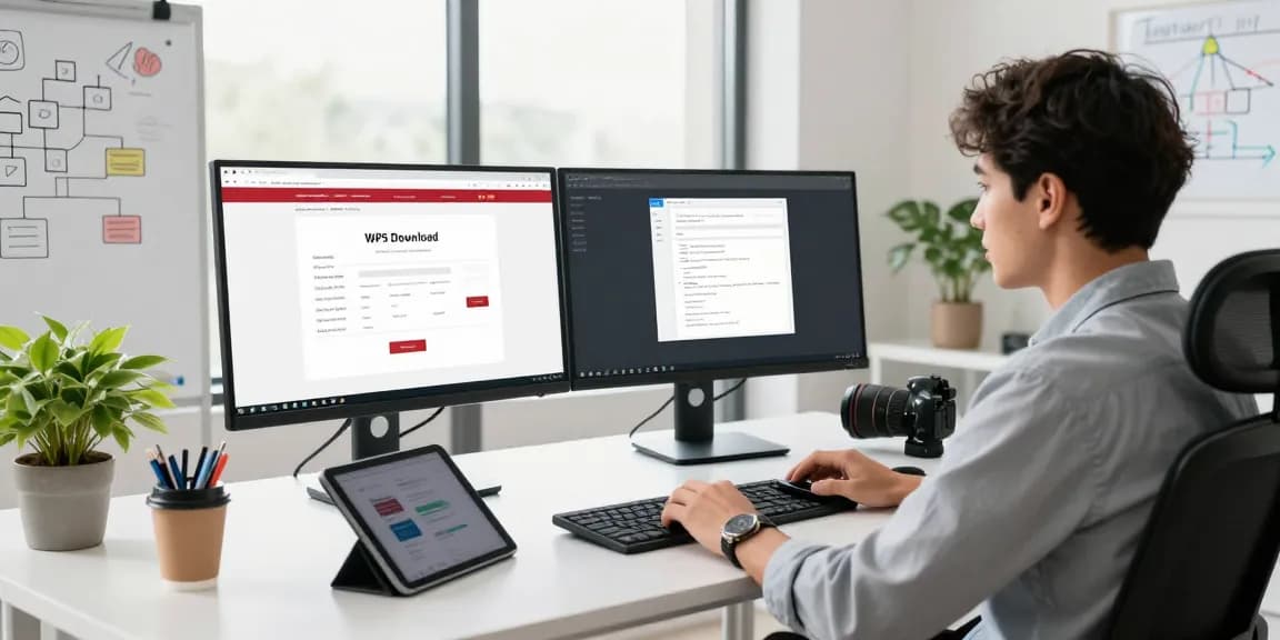 WPS Download page shown on a modern workspace computer in a bright, professional office setting.