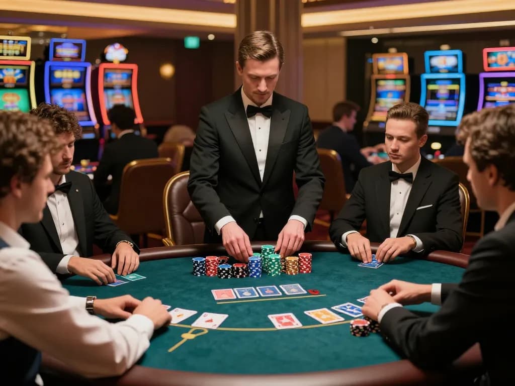Experience high-stakes gameplay with 8kbet at an elegant VIP poker table in a luxurious casino.