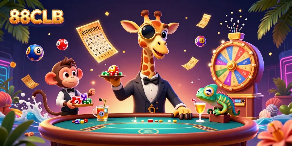 88CLB high-roller giraffe enjoying vibrant casino atmosphere with colorful lottery elements.