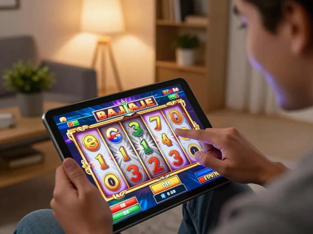 Engaging player enjoying raja slot game on tablet in a cozy living room