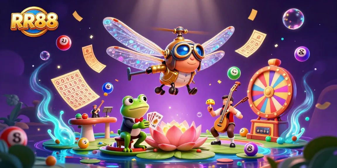 Spin the lottery at RR88’s vibrant casino, showcasing dynamic characters and exciting game elements.