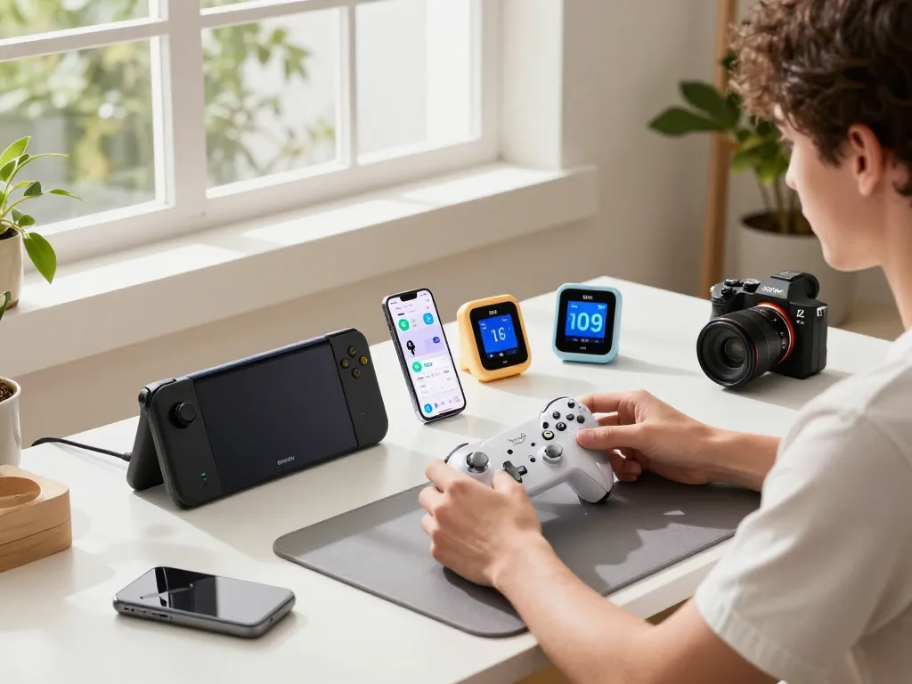 Explore cool tech gadgets under $145 in a vibrant workspace with a gaming controller and smart kitchen tools.