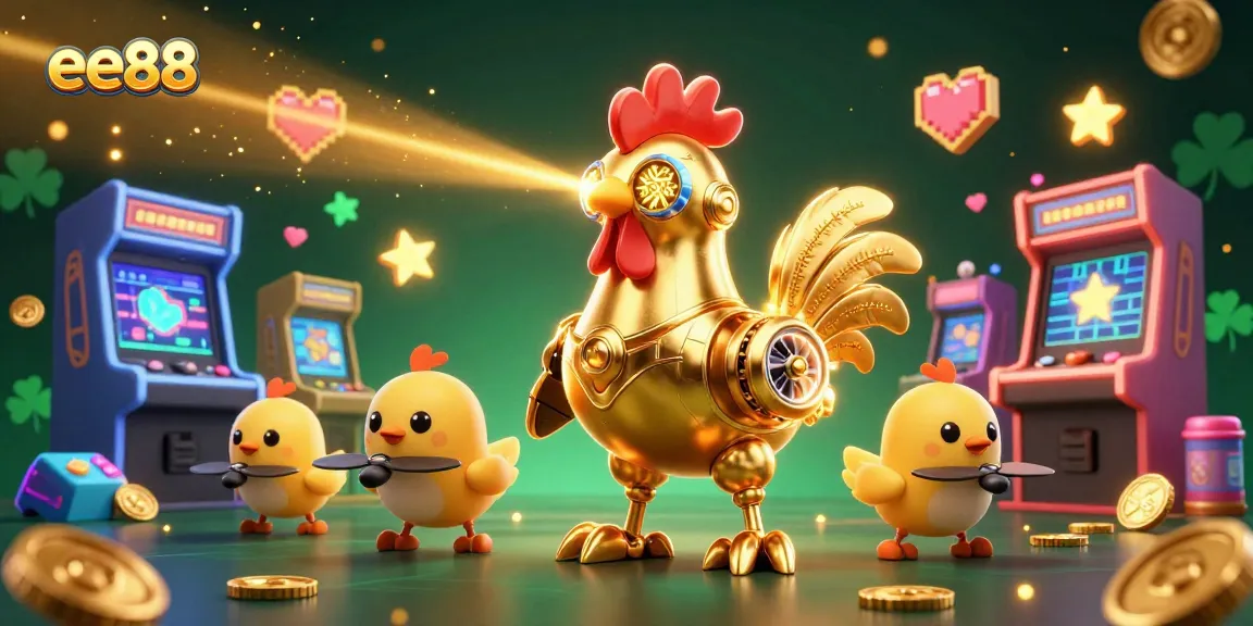 Engage in excitement with ee88's golden rooster robot and baby chick drones in a vibrant casino-themed digital illustration.