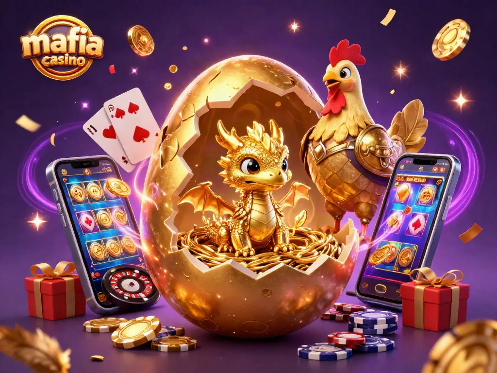 Mafia casino showcases a golden dragon amidst poker chips and magical casino elements, creating excitement.