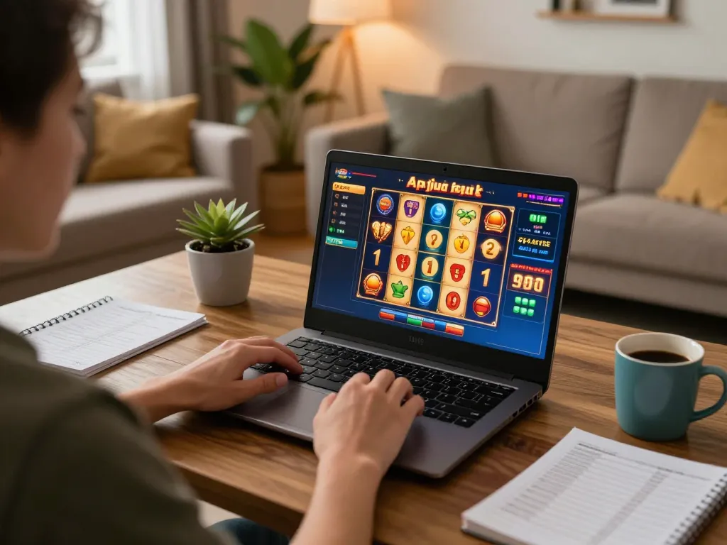 Pemain menikmati permainan raja slot di laptop di rumah, dengan catatan strategi dan pencahayaan hangat