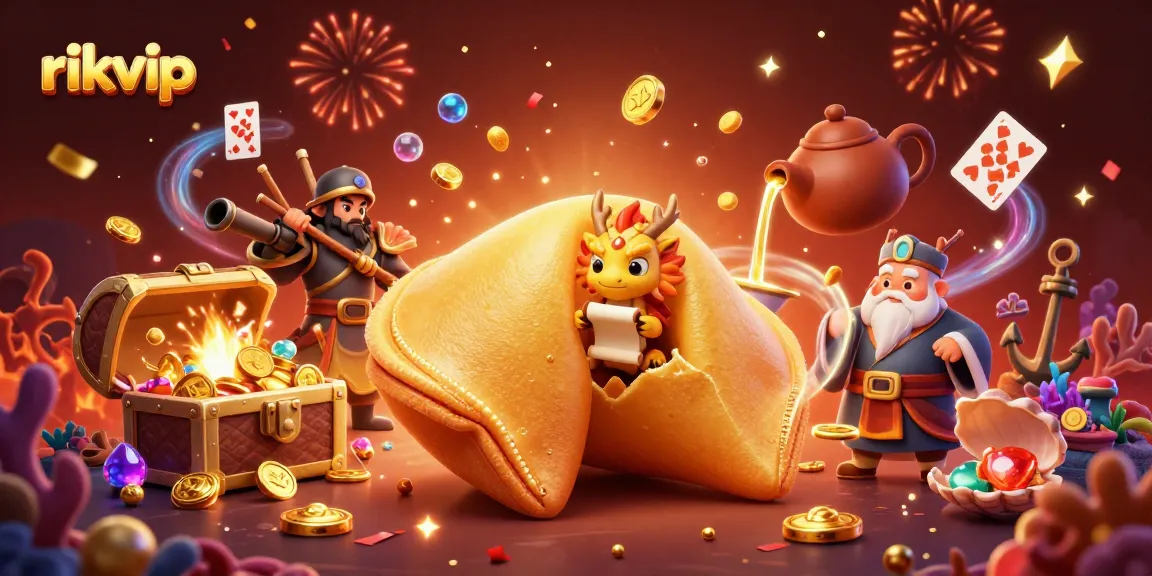 Experience the excitement of rikvip with a golden fortune cookie, wise dragon, and treasure-filled underwater scene.