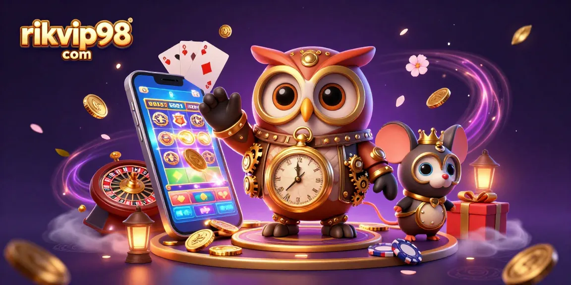 Experience thrilling gaming at rikvip98 com with steampunk owl and dynamic casino action.