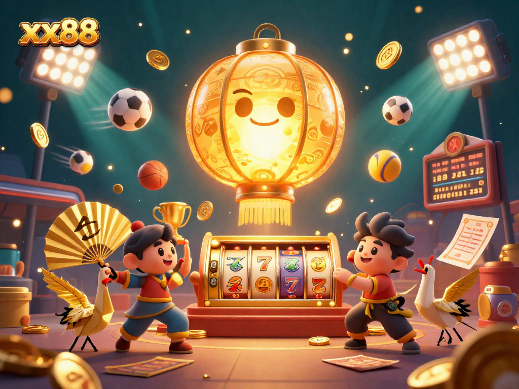 Experiencexx88's vibrant casino scene with golden lantern, lucky symbols, and dynamic slot reels.