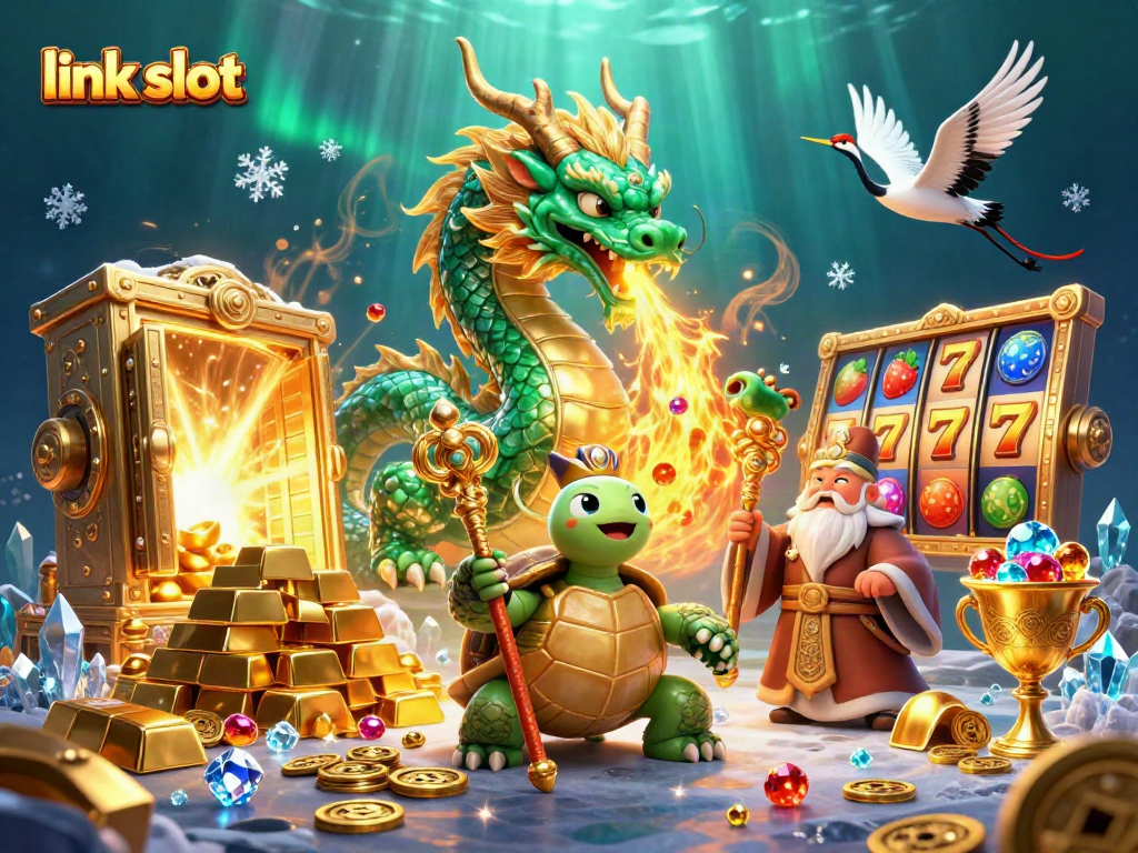 Spin to win with link slot as a vibrant emerald dragon and lucky symbols excite players in this 3D scene