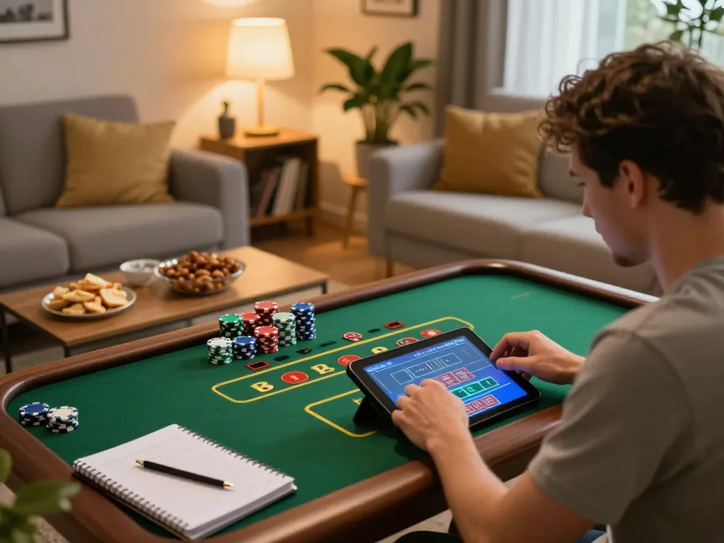 Player engaging in live casino game on f168 tablet, with strategy notes and chips on coffee table.