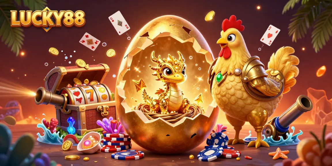 Spin the LUCKY88 slots with a golden dragon and colorful casino treasures.