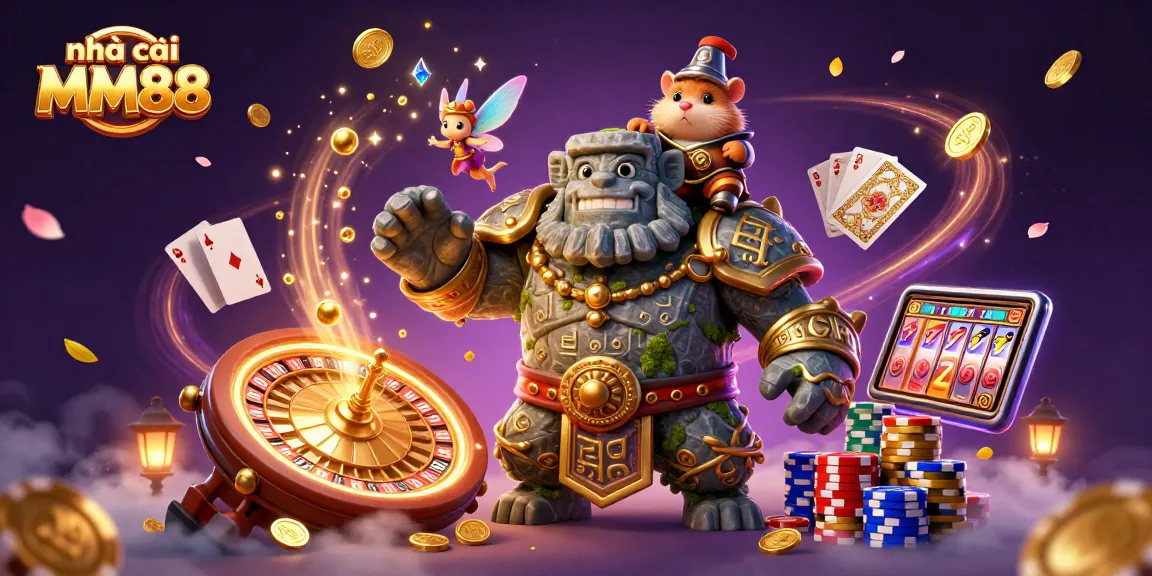 Play and win with nhà cái MM88 in this vibrant 3D illustration showcasing casino excitement and magic.
