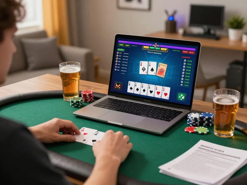 Person playing gamebaidoithuong online poker while analyzing strategy notes in a cozy home setting