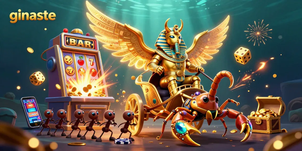 Experience ginaste's gaming excitement with a dynamic 3D scene showcasing casino elements and characters.