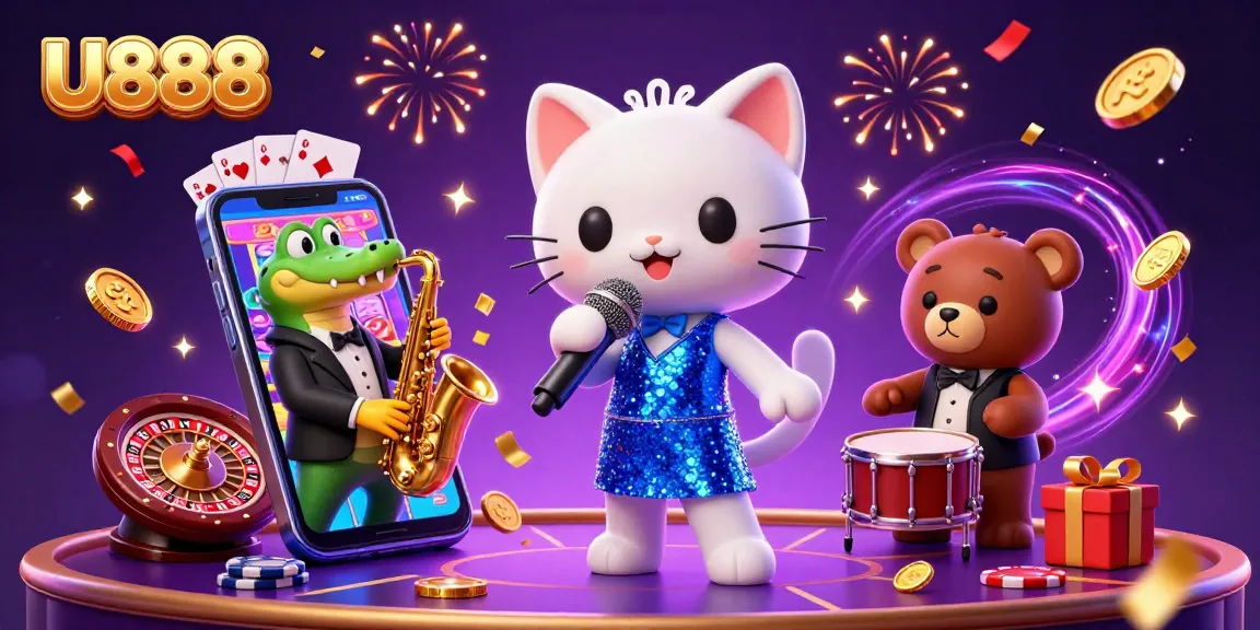 Experience the vibrant casino scene with U888, featuring a jazz-singer cat and colorful slot game elements.