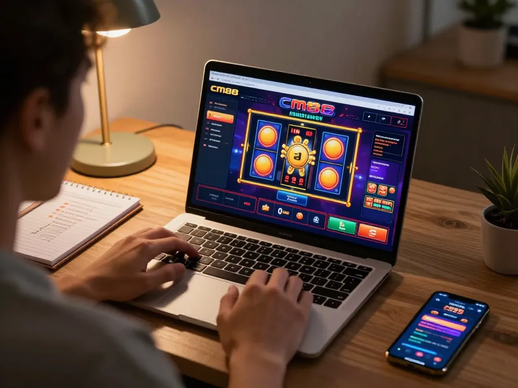 Engaging in cm88 online gaming with vibrant interface on laptop in a cozy workspace.
