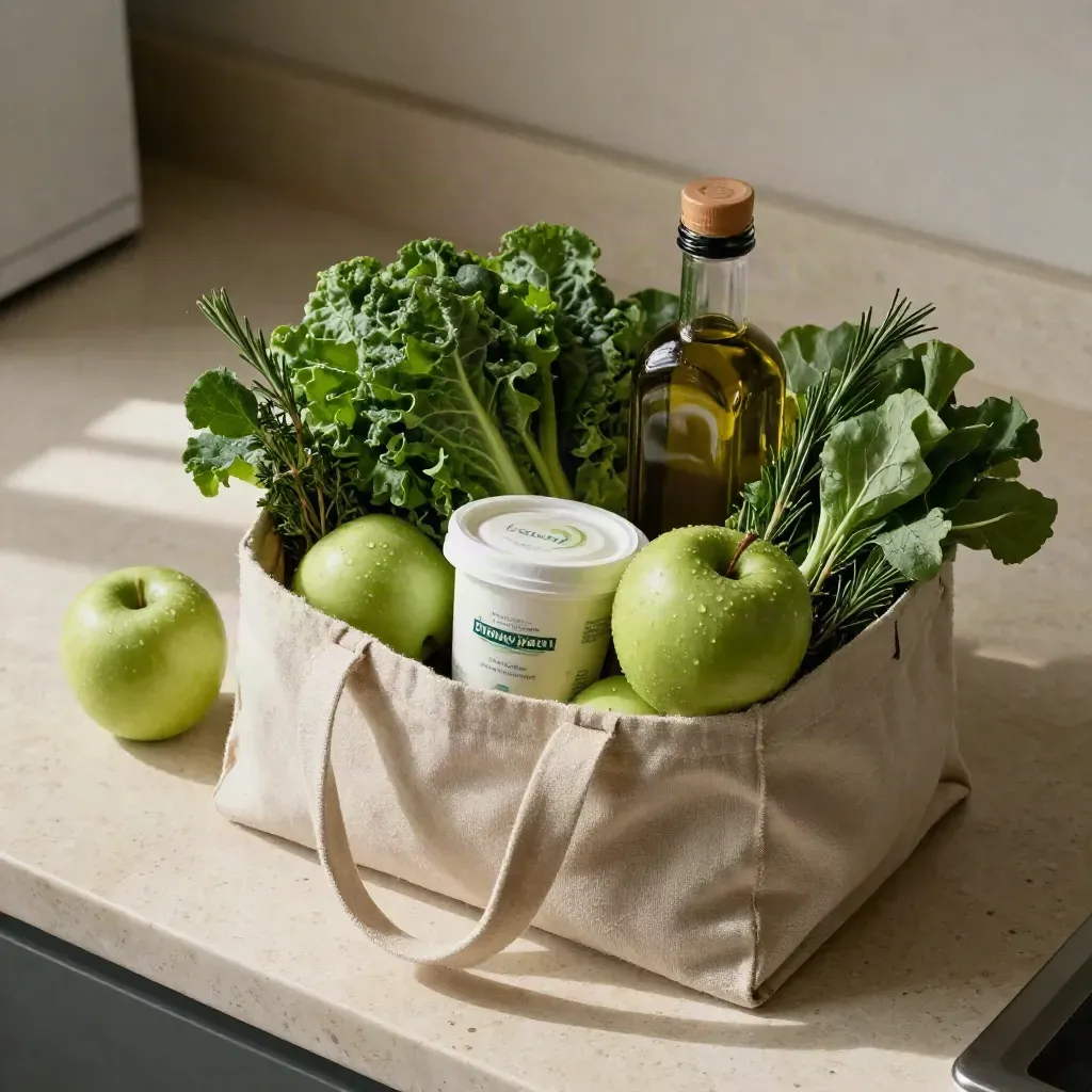 Borsa della spesa con mele, verdure, yogurt, erbe e olio su marmo chiaro.