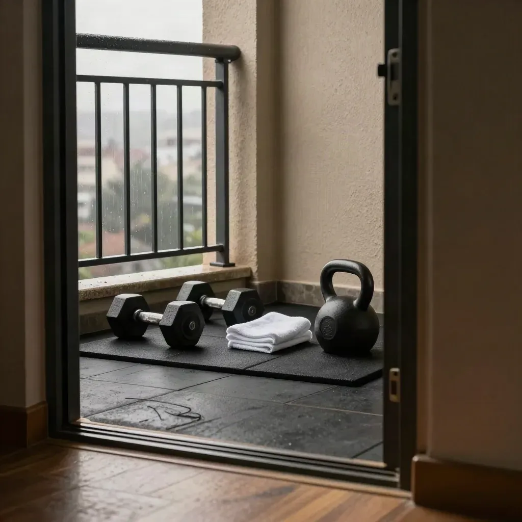 Angolo palestra sul balcone con tappetino, manubri, kettlebell e asciugamano vicino alla finestra.