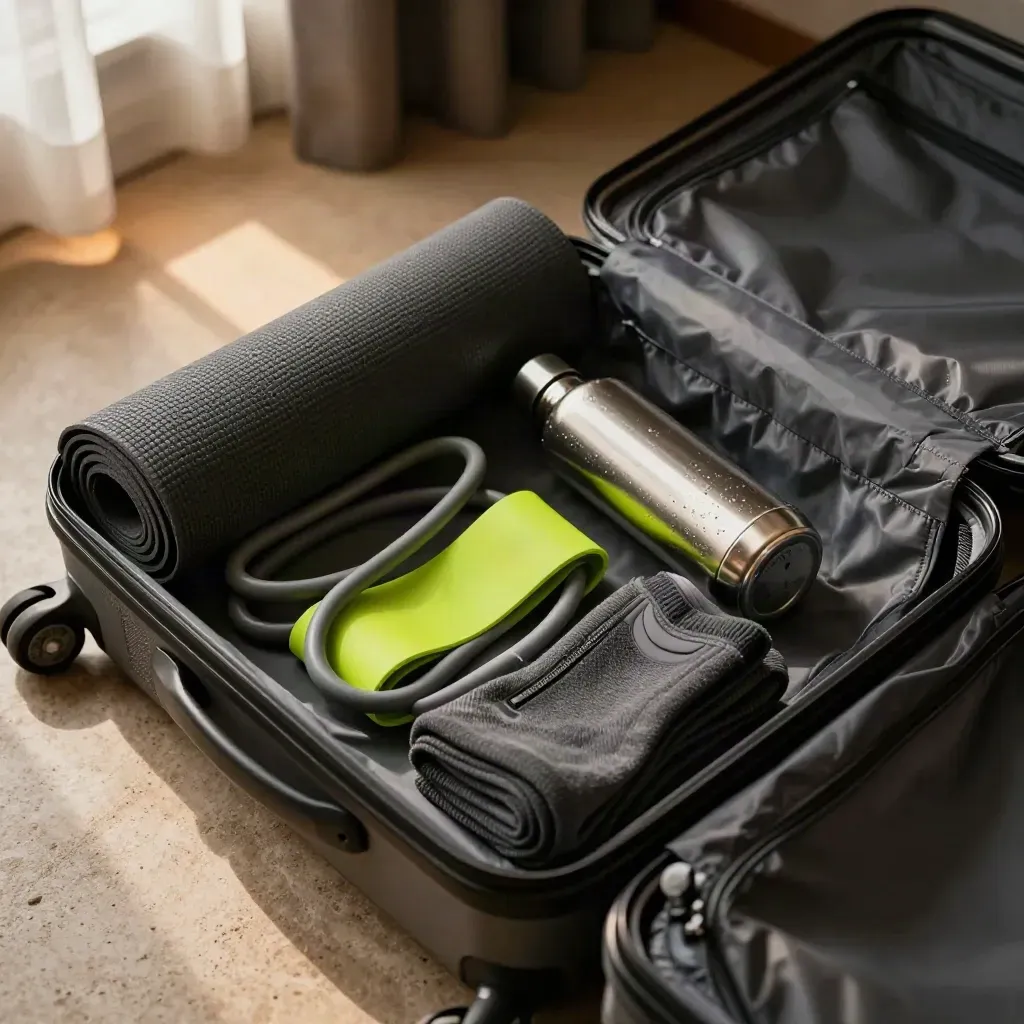 Kit fitness da viaggio in valigia aperta, con tappetino, elastici e borraccia in hotel.