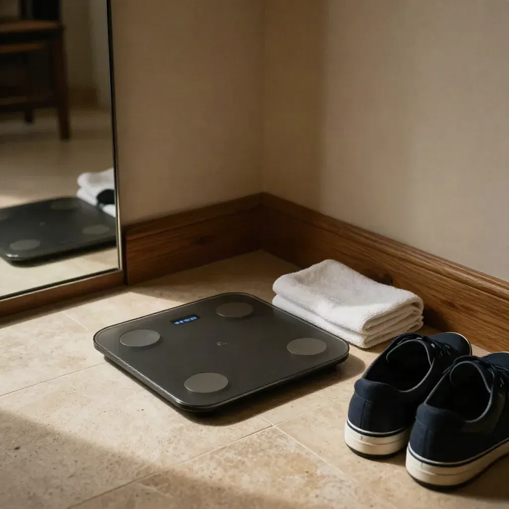 Angolo fitness domestico con bilancia smart, scarpe, asciugamano e specchio.