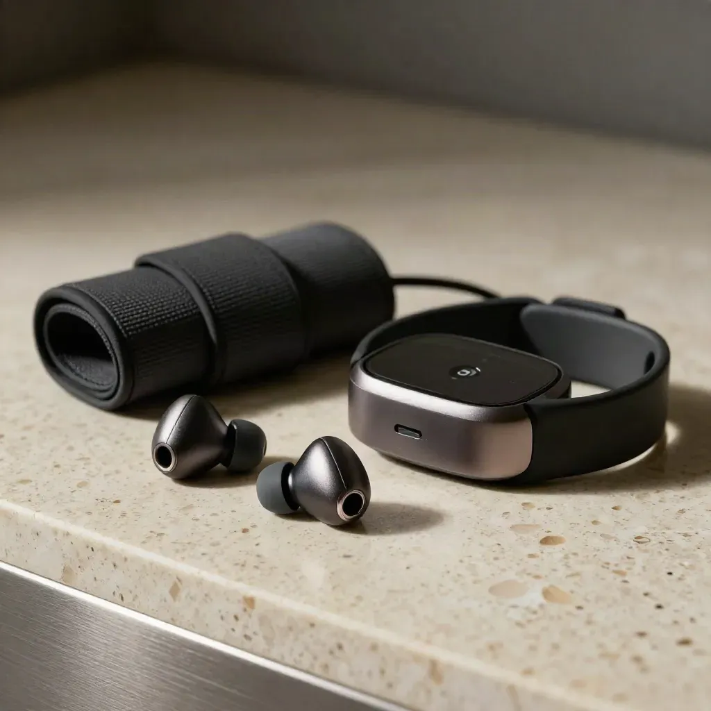 Earbud, fascia cardio, timer e fascia elastica su pietra travertino in luce drammatica