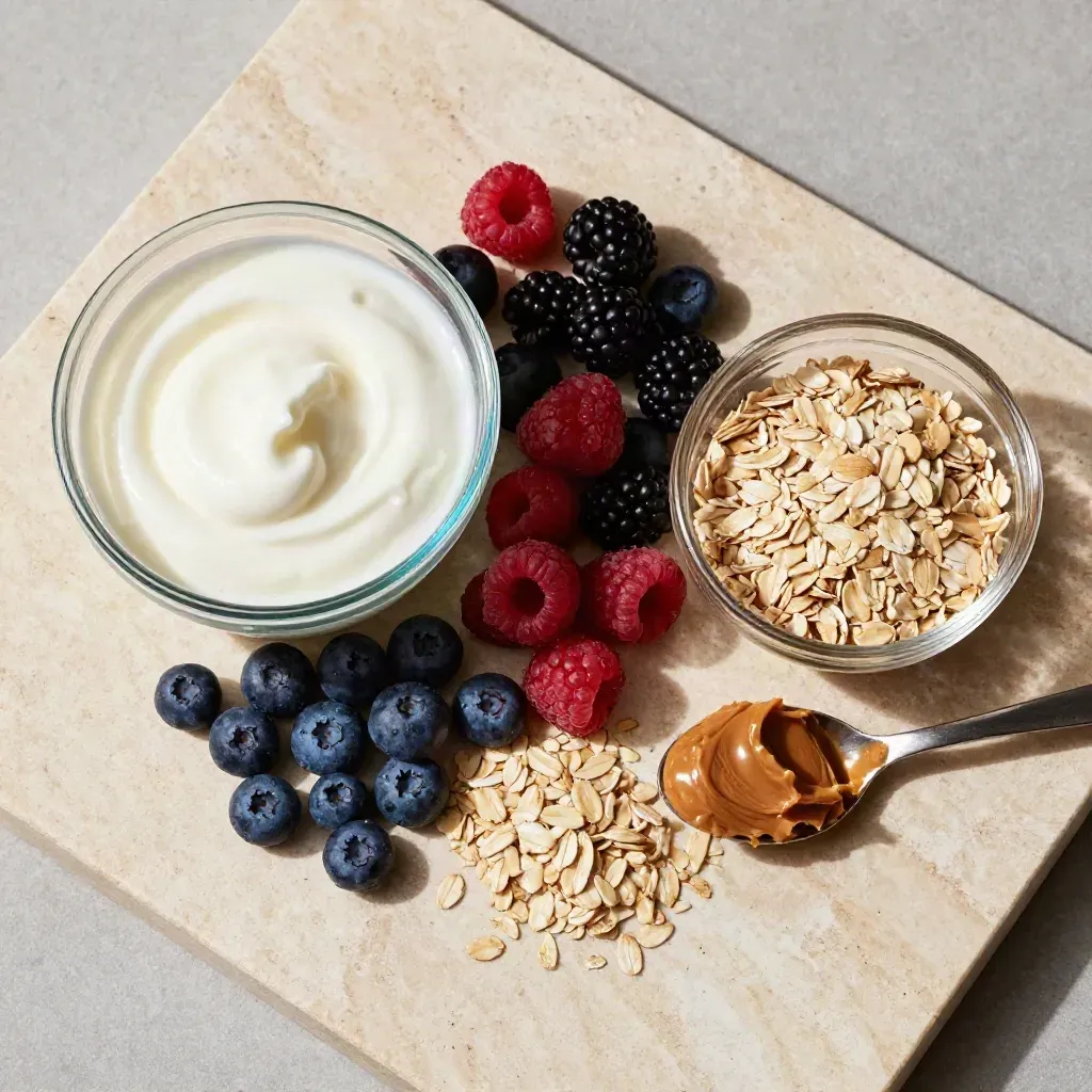 Flat lay di yogurt greco, frutti di bosco, avena e crema di mandorle su pietra.