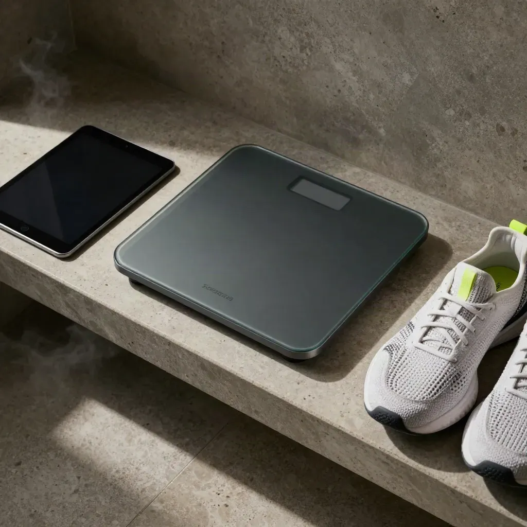 Bilancia smart, tablet nero e scarpe da training su mensola bagno con luce morbida.