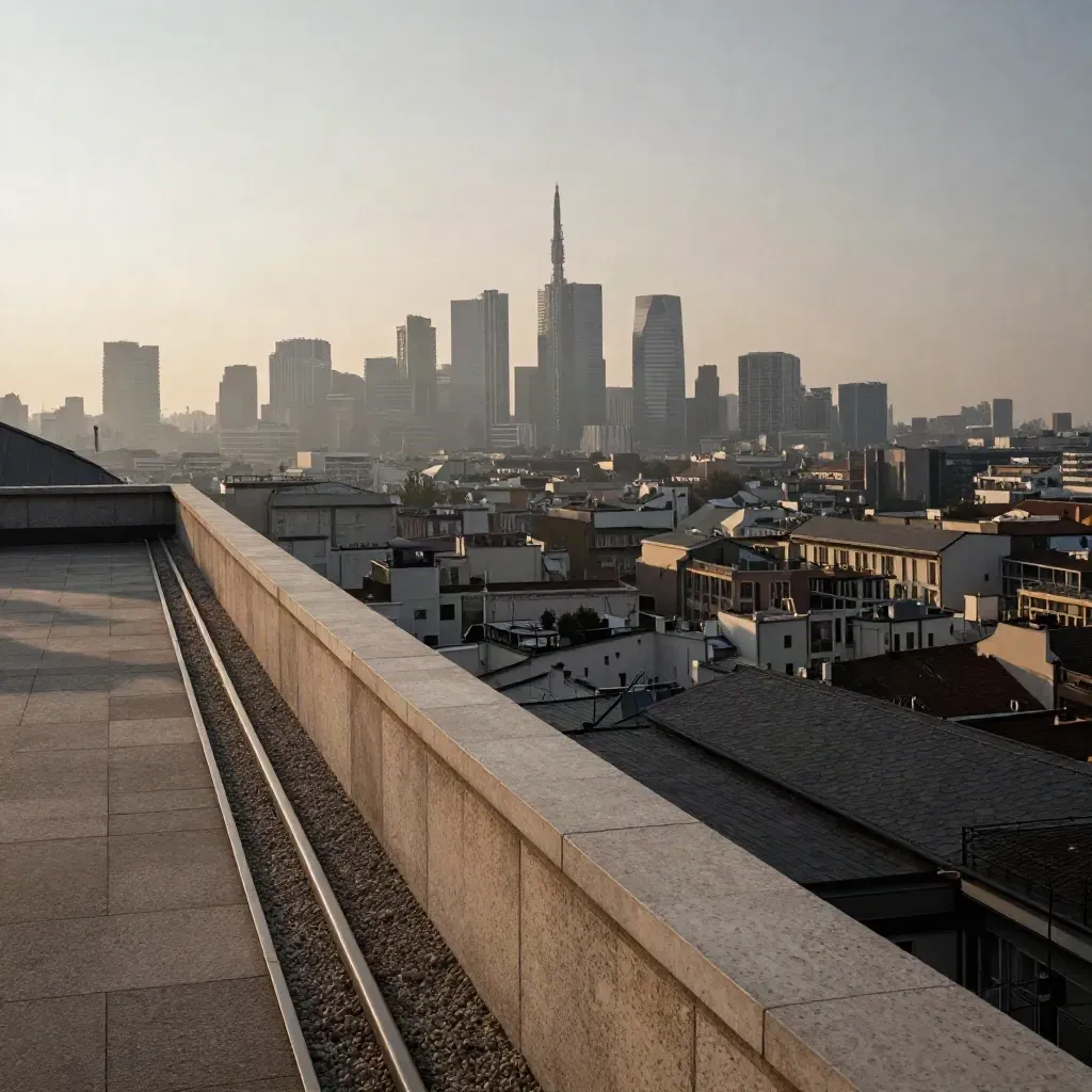 Veduta di Milano all’alba con il Duomo alto tra la nebbia e una terrazza in travertino.