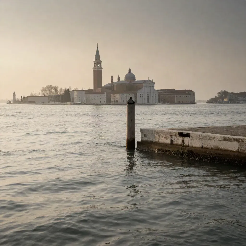 Laguna di Venezia al tramonto con campanile lontano, acqua calma e nebbia argentea.