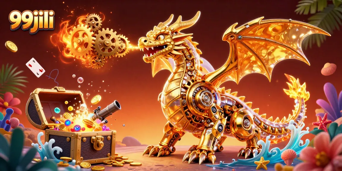 Experience exciting action in 99jili with a golden dragon and treasure-filled underwater world.