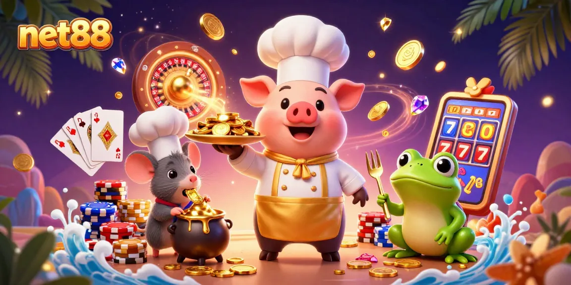 Experience net88's vibrant casino scene with 3D characters enjoying the thrill of winning games.