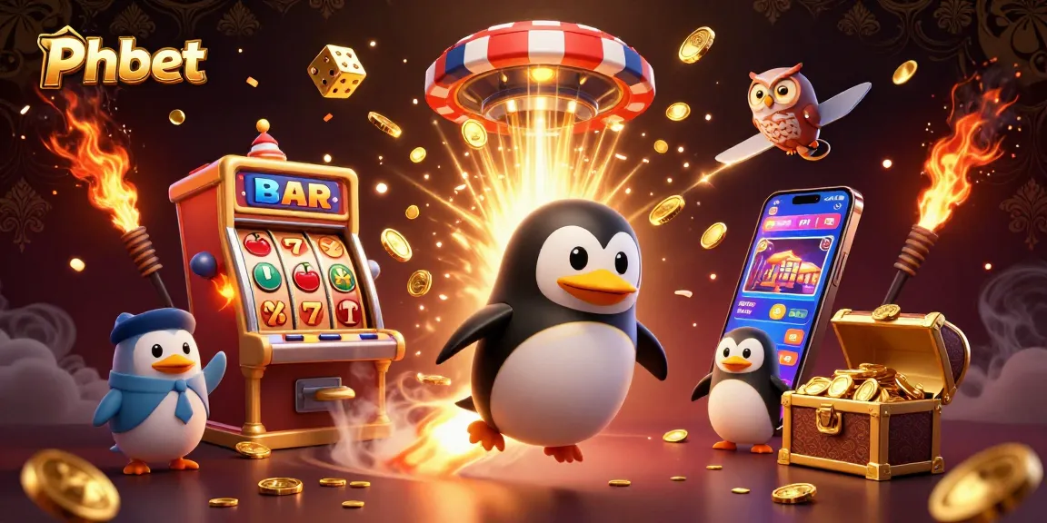 Phbet casino excitement displayed as a golden penguin blasts towards a poker chip space station amidst slot machine prizes and vibrant game elements.