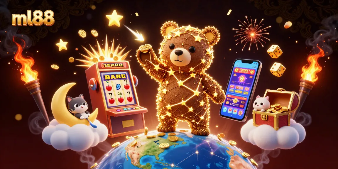 Experience thrilling jackpots with ml88 as constellation bear collects coins amidst vibrant casino elements.